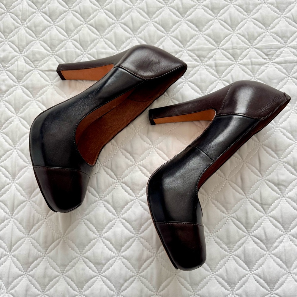Corso Como Del Pumps Two Tone Black Brown Leather Round Cap Toe Heels Sz 9.5 - Picture 5 of 11